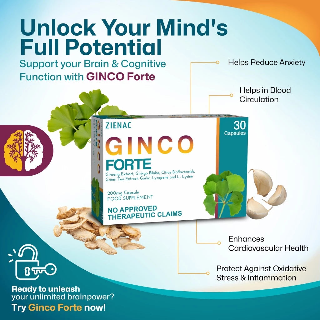 GINCO FORTE - Ginseng & Ginkgo Biloba Extract for Memory Boost, Blood Flow & Antioxidants, 30 capsules per box